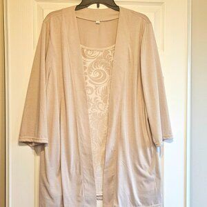 Beige 2-Piece Layered Cardigan Set XXL | Long Open Duster + Patterned Tank